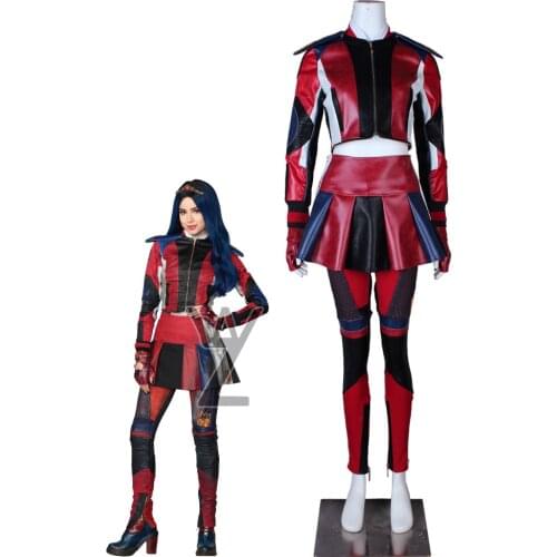 Newest Descendants 3 Evie Cosplay Costume Punk Coat Leather Jacket Skirt Full Set Sexy Women Carnival Costume