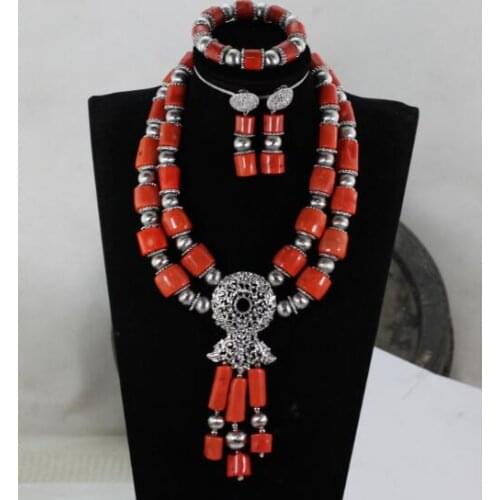 New Coral and Silver African Wedding Beads Jewelry Sets Indian Bridal Bib Statement Real Coral Necklace Set Gift CNR050