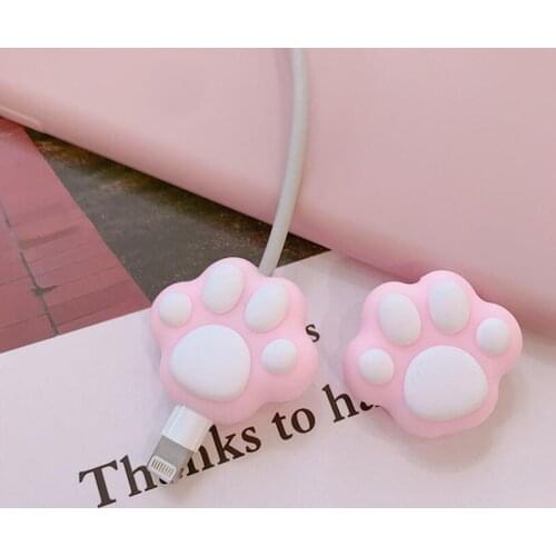 New Cute Pink Cartoon Cat Paws Cable Winder Protector For IPhone Cable Kawaii Desktop Wire USB Cable Charger Earphone Protector