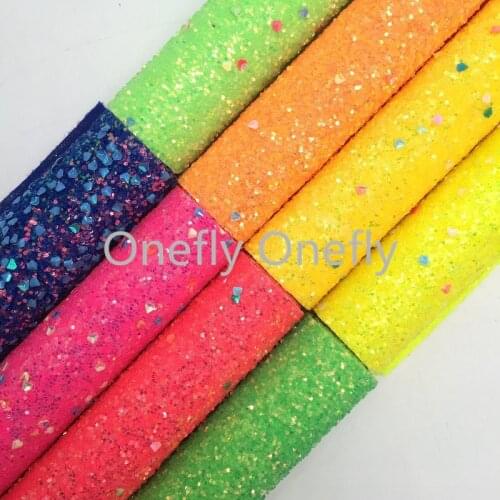 Onefly Wholesales Dropshipping Leather Supplier Neon Chunky Glitter Faux Vinyl Leather Fabric Soft Backing For Bow DIY FZ054A
