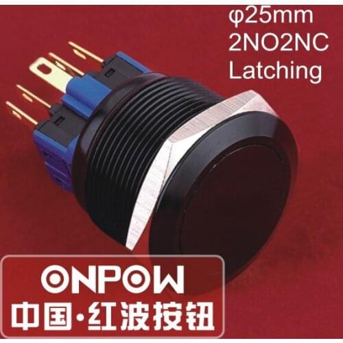 ONPOW 25mm 2NO2NC Aluminium Alloy black anodized Latching on-off Anti-vandal Metal push button switch (GQ25-22Z/A) CE, ROHS