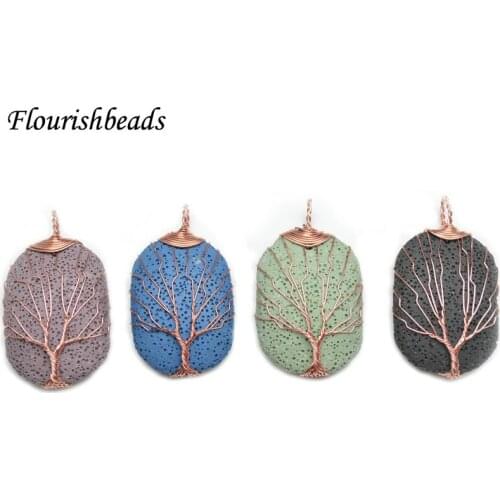 1pc Rectangle Shape Rose Gold Color Life Tree Wrap Cabochon Necklace Pendant Dyed Pelelith Stone With Holes Accessories Making