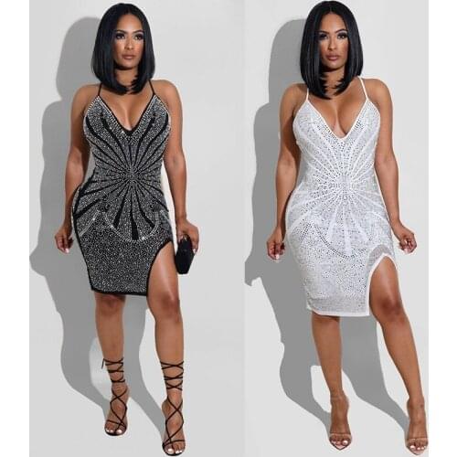TNNAOFF Plus Size Popular Hot Drilling Bodycon Dress for Women Birthday Outfits Sexy Sling Sleeveless V-neck Night Club Dresses