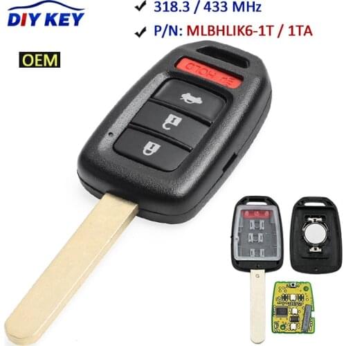 DIYKEY 313.8/ 433MHz ID47 Chip FCC: MLBHLIK6-1T 3+1 4 Button Remote Key Fob for Honda Accord Sport/ LX Civic HR-V CR-V 2013-2019