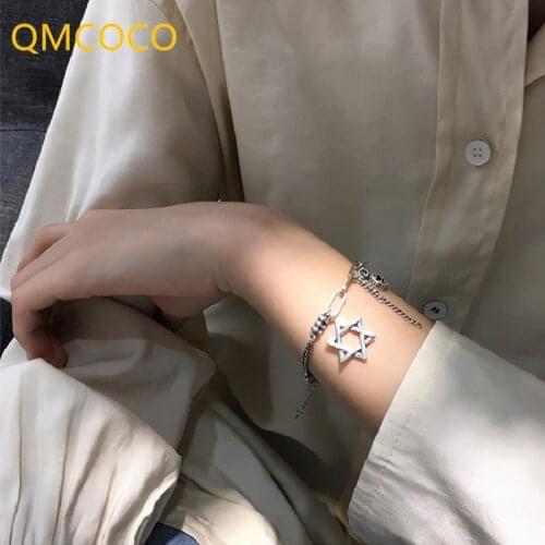 QMCOCO INS Fashion 925 Silver Thick Chain Bracelets For Women Thai Silver Trendy Vintage Stars-Shape Pendant Party Jewelry Gifts