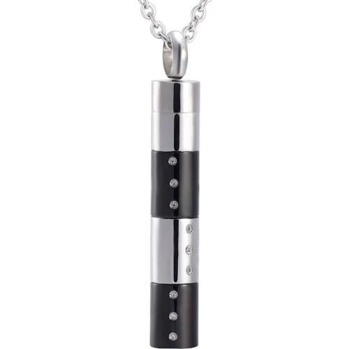 IJD5897 Silver and Black Cylinder Pendant Crystal Inlay Stainless Steel Ash Lockets Cremation Pendant Urn Necklace for Ashes