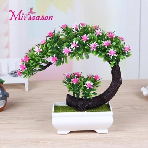 Wedding Decorative Bonsai Flowers Artificial Plastic Green Plant Flower Trigeminal Potted Fake Flower Pine Trees 1 Set