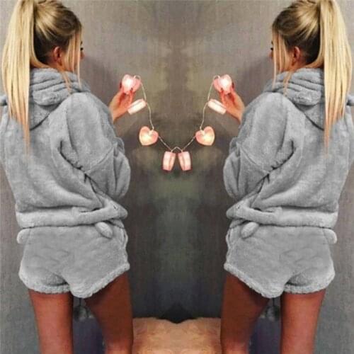 Women Ladies Soft Warm Nightwear arrival Ladies Long Sleeve Hoodie+Shorts Two Piece Set Pajamas Winter Autumn Lovely Sleepwear