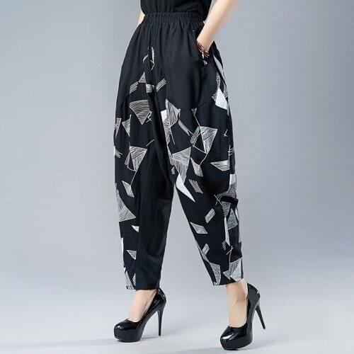 2020 Chinese Style Print Harme Pants Women Elastic Waist Cotton Linen Loose Cross-Pants Folk-Custom Chinese Trousers 10722