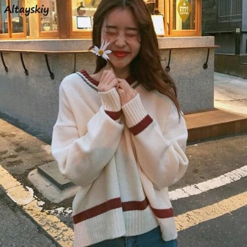 Pullovers Women Spring Autumn Korean Style Warm Knitted Long Sleeve Loose Preppy Student V-neck Hollow Out All-match Casual Chic