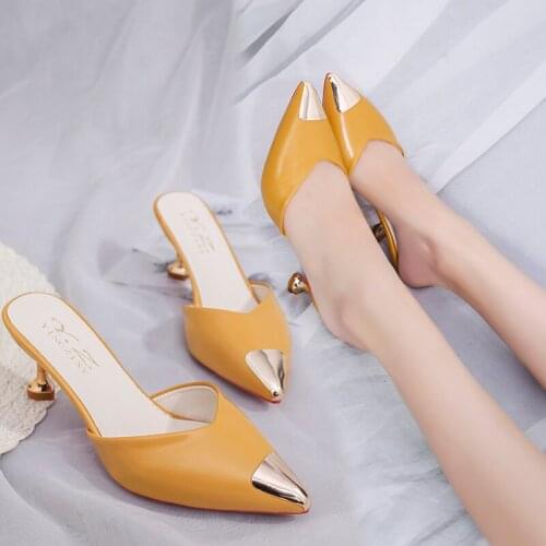 Large size 34-40 womens shoes summer new fashion outer wear Baotou half slippers pointed toe stiletto sandals