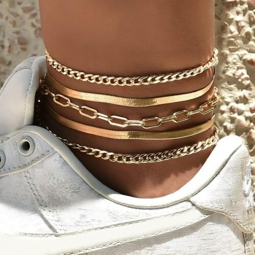 Womens Multi-layer Metal Chain Bead Chain Anklet Combination Popular Fashion Personality New 5 Pieces/set 2020 Female Punk