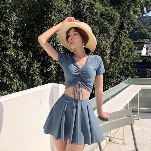 2021 New Korean Solid Bikini Swimsuit Female Push Up Padded Biquini Bathers Bathing Suit High Waist Swimwear Skirt