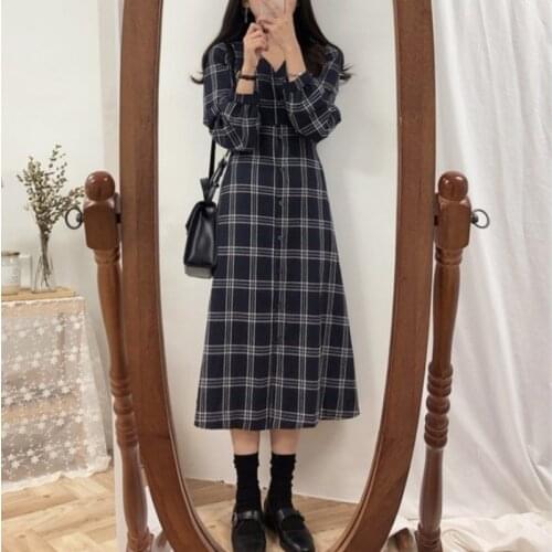 2020 Autumn Women Plaid Long Dress Vintage High Waist Lady Dress Casual Loose Single Breasted Bottoming Dress Slim Fit Vestidos