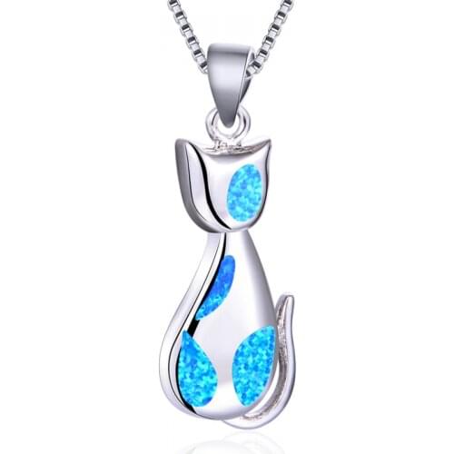 Boho Big Cat Pendant Necklaces for Women Blue Imitation Fire Opal Stone Necklace Silver Color Animal Wedding Jewelry Wholesale