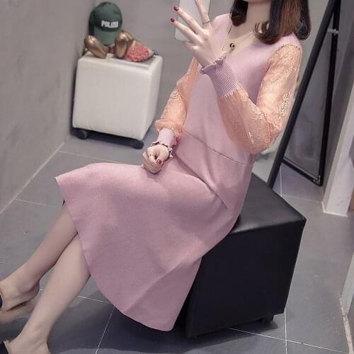 Women Dress 2020 Autumn and Winter New Temperament Long Lace Patchwork V-neck Knitted Dress Fashion Ruffle Female Vestidos R92