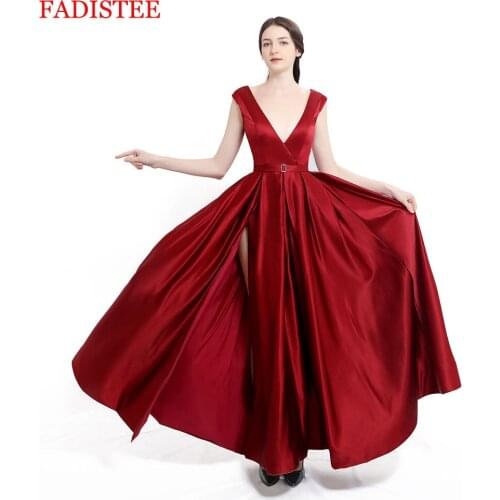 Burgundy V-neck sexy vestidos de fiesta de noche prom party Evening Dresses robe de soiree ballkleid side slit with pockets