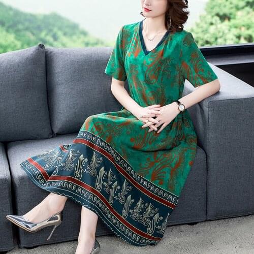 2021 Vintage Green Print Mulberry Silk Midi Dress Summer Fashion 4XL Plus Size Runway Dress Elegant Women Bodycon Party Vestidos