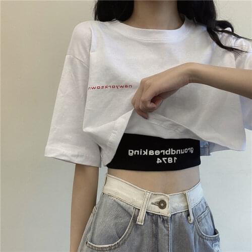 White Short Sleeved T-shirt Women Summer New 2020 Short High Waist Loose Crop Top Casual Basic Dancing Tees