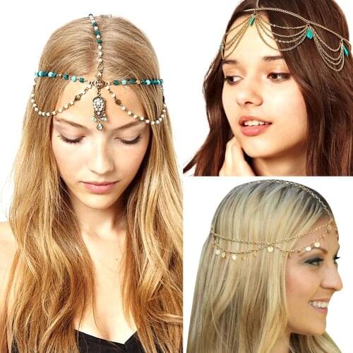 Bohemian India Bridal Hair Decoration Women Tassel Wedding Crown Headbands Gold Headpiece Head Chain Hair Jewelry Accessories