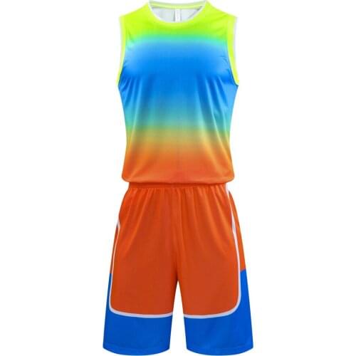 L037 Gradient Style Assorted Color Men Basketball Set Brand New O Neck Quick Dry Printed Sleeveless Vests And Shorts For Sports