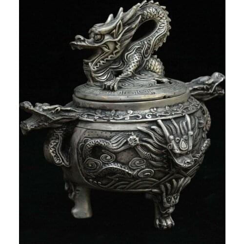 Old China Dynasty Silver Feng shui Dragon Loong Beast Head Incense Burner Censer