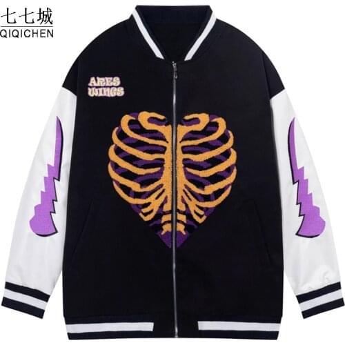 Hip Hop Baseball Jacket Men Furry Heart-shaped Skull Embroidery Color Block Harajuku Bomber Jackets Autumn Retro Varsity Coat
