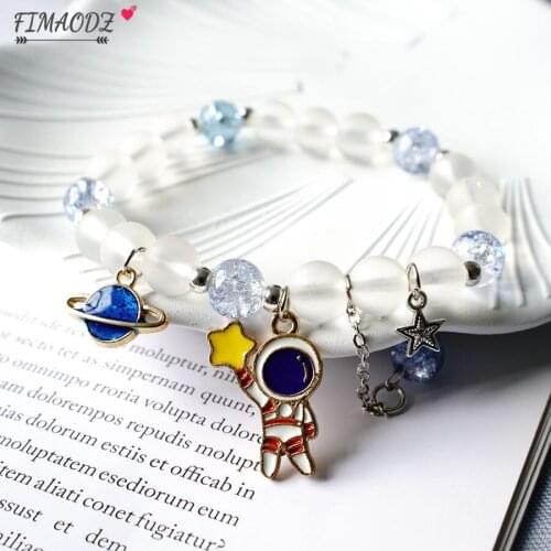 FIMAODZ Fashion Astronaut Bracelet Couple Star Planet Charm Beaded Elastic Rope Bracelets for Girls Kids Birthday Party Gift