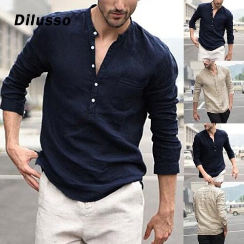 Men Vintage Pure Color Button Linen Solid Long Sleeve Retro Shirts Tops Blouse Korean Clothes Casual Shirts Men 2021 New