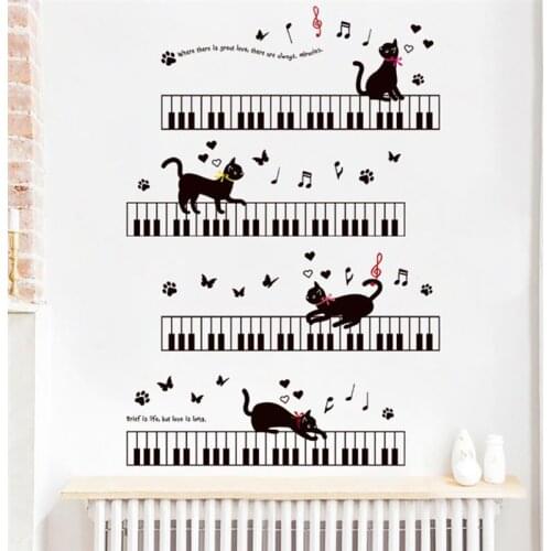 Music Cat On The Piano Wall Stickers For Kids Rooms Bedroom Art Background PVC Butterfly Wall Decor