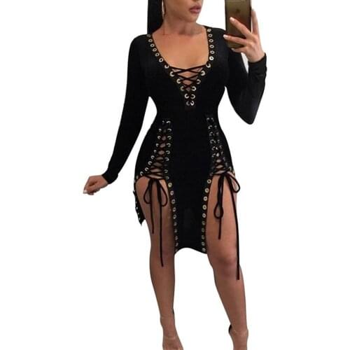 New Arrival High Qaulity Women Sexy Low Cut V-neck Eyelet Lace Up Two Sides Split Long Sleeve Bandage Party Clubwear Mini Dress
