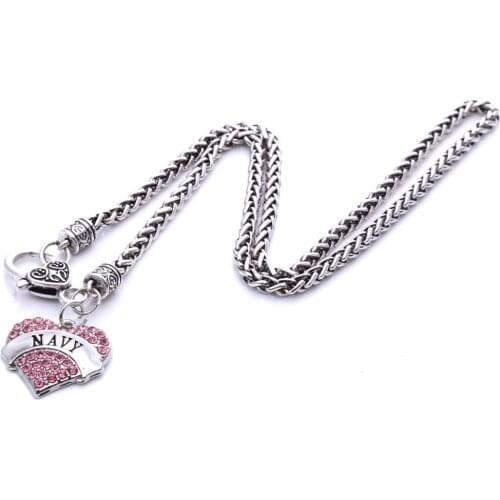 NEW NAVY BLUE CRYSTAL HEART CHARM SILVER PLATED NECKLACE HEART CLASP MILITARY AIRMAN