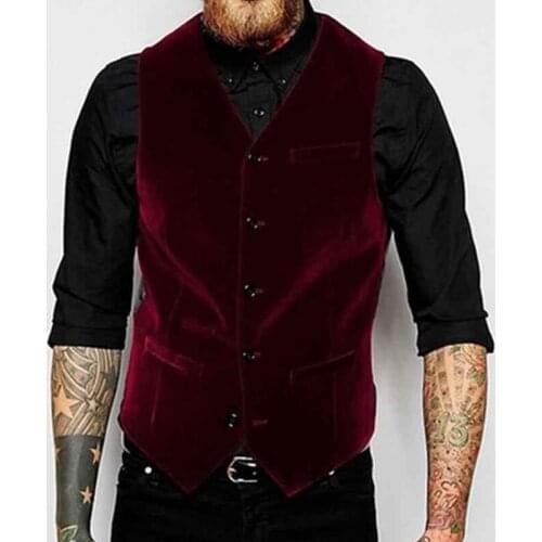 Burgundy Velvet Casual Vests One Piece Men Suit Waistcoat V Neck Single Breasted Male Fashion Costume for Wedding