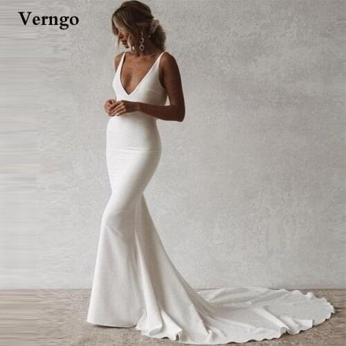 Verngo Simple Mermaid Elastic Satin Wedding Dress Boho V Neck Sexy Backless Buttons Skirt Sweep Train Bridal Dresses Robe