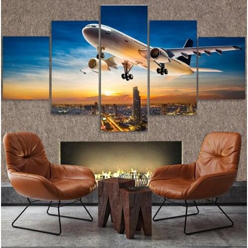 Modern 5 Pieces Airplane Poster Canvas Art Painting Sunset Backlight for pictures Lawn Wall Art Pictures for Living Room Decor