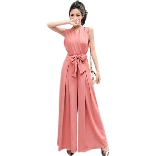 Loose Jumpsuit Women 2021 Fashion V-Neck Tie Bow High Wide Legs Trousers Sleeveless Sexy Jumpsuits Slim Pants Feminina LD1582
