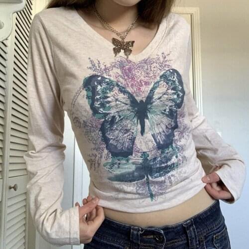 Dourbesty y2k Butterfly Print Long Sleeve Crop Top Autumn V Neck Pullovers Tees Fairy Grunge 90s Vintage Women Harajuku T-shirt