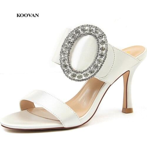 Koovan Womens Rhinestone Sandals 2018 Fashion Sexy Banquet High-heeled Metal Big Diamond Buckle Satin Womens Sandals Slippers