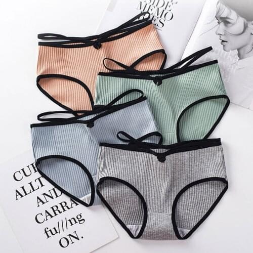 Womens Cotton Panties Sexy Seamless Belt Briefs Underwear Mid Rise Female Solid Color Comfort Underpants Lady Lingerie