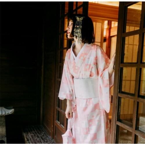 V-neck Kimono Outer Garment Bathrobe Costume Girl Long Dress Japanese Kimono Woman Party Checked Clothing