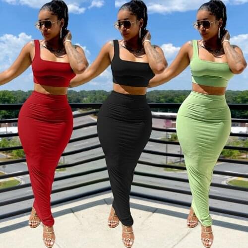 Two Piece Dress Set Women Summer Sleeveless Crop Top And Long Maxi Skirts 2021 Fitness Bodycon Black Casual Matching Set