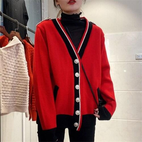 Patchwork Women Knitting Sweater Loose Cardigan Coat Metal Buttons Fashion V-Neck Long Sleeve Sweaters Jacket 2020 Autumn New