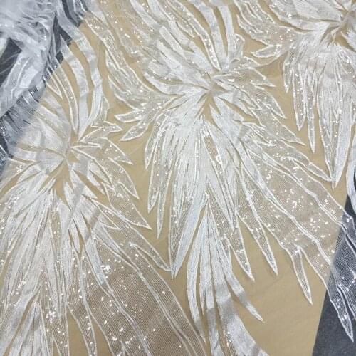 1 Yard Large Feathers Embroidery Lace Fabric Clear Sequins fabric for Bridal Dress Wedding Gown Evening Wear Prom