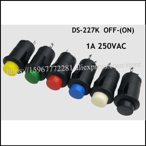 100pcs mini push button switch DS-227K OFF-(ON) 1A250VAC Rocker Switch red yellow blue green black white Round toggle switch