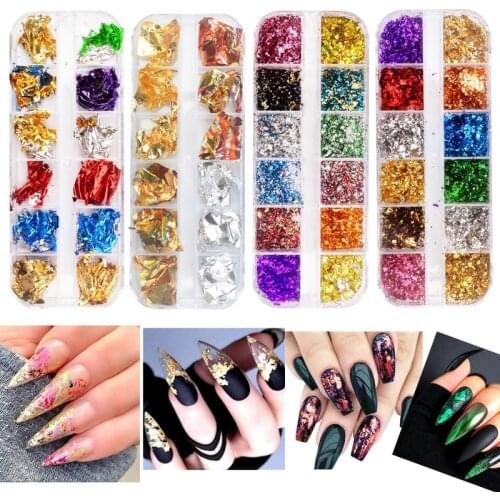 12 Color Gold Foils Gorgeous Nails Glitter Aluminum Flakes Paillette Chip Nail Design Shinny New Year Nail Art Decoration