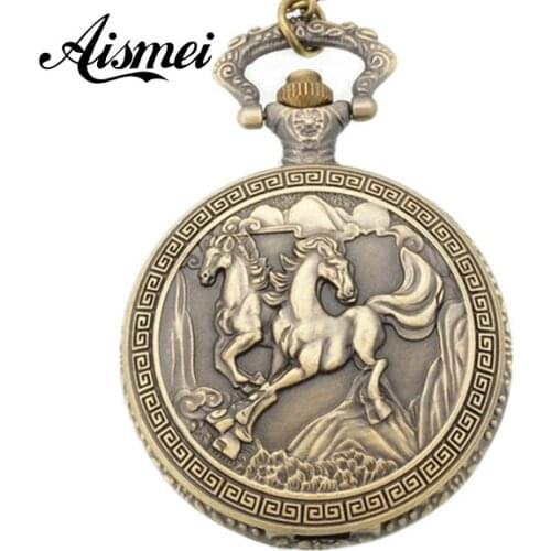 25pcs/lot Bronze horse running Quartz Pocket Watch Necklace Pendant Womens Men GIfts wholesale send by EMS or DHL