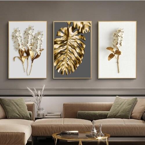 Abstract Golden Leaf Flower Canvas Painting Nordic Plants Poster Wall Art Print Picture Modern Aisle Living Room Home Decor