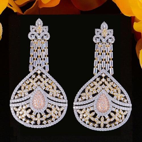 Blachette Brand Luxury BOLD 3 Tone African Dangle Earrings For Women Wedding Cubic Zirconia DUBAI Bridal Jewelry Accessories New