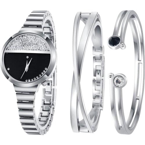 Fashion Womens Watch with Bracelet Three-Piece Diamond Set Quartz Watch No Waterproof Bracelet Clasp Rhinestone Ladies Watch