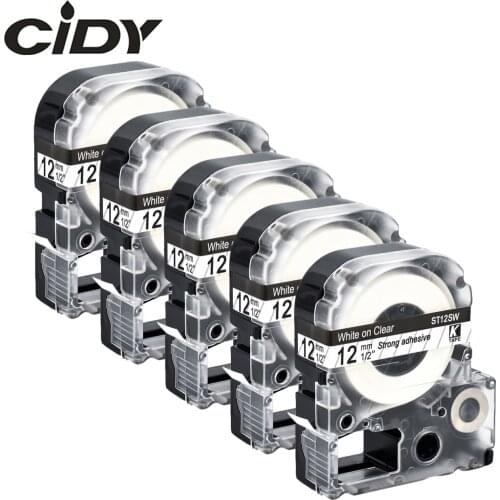 CIDY 5pcs compatible ST12SW/LC4TWN LC4TWN9 for kingjim 12mm white on clear SS12KW label cassete tape for LW300 LW400 SR150